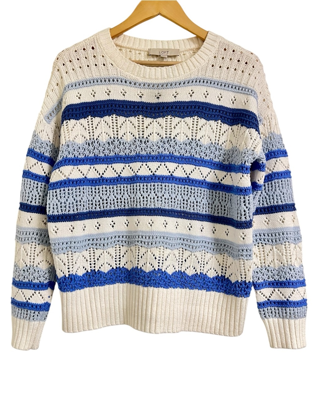 LOFT Chunky knit Open Stitch Cream Sweater with Light and Royal Blue Stripes, M